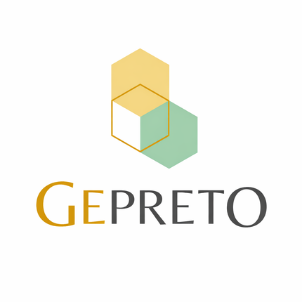 Logotipo de GEPRETO con hexágonos dorados y verdes superpuestos sobre la palabra “GEPRETO”.