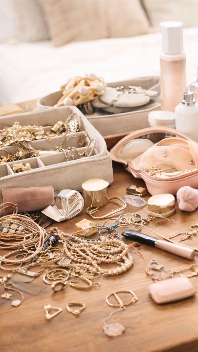 Varias joyas de oro y rosa dispuestas sobre una mesa de madera con un pequeño plato y un frasco de perfume.