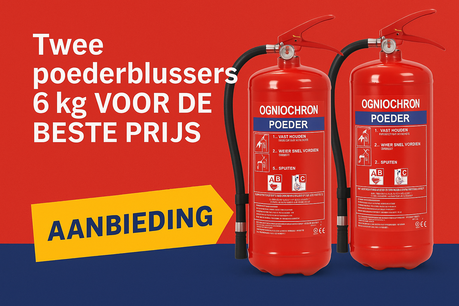 Twee Ogniochron 6 kg poederblussers met actie-aanbieding voor de beste prijs, ideaal voor brandveiligheid in verschillende omgevingen