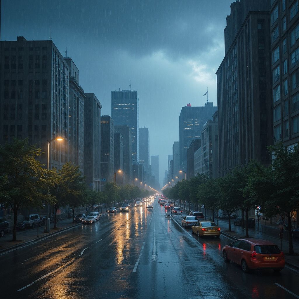 City street in the rain, with cars and tall buildings under a dark, cloudy sky.