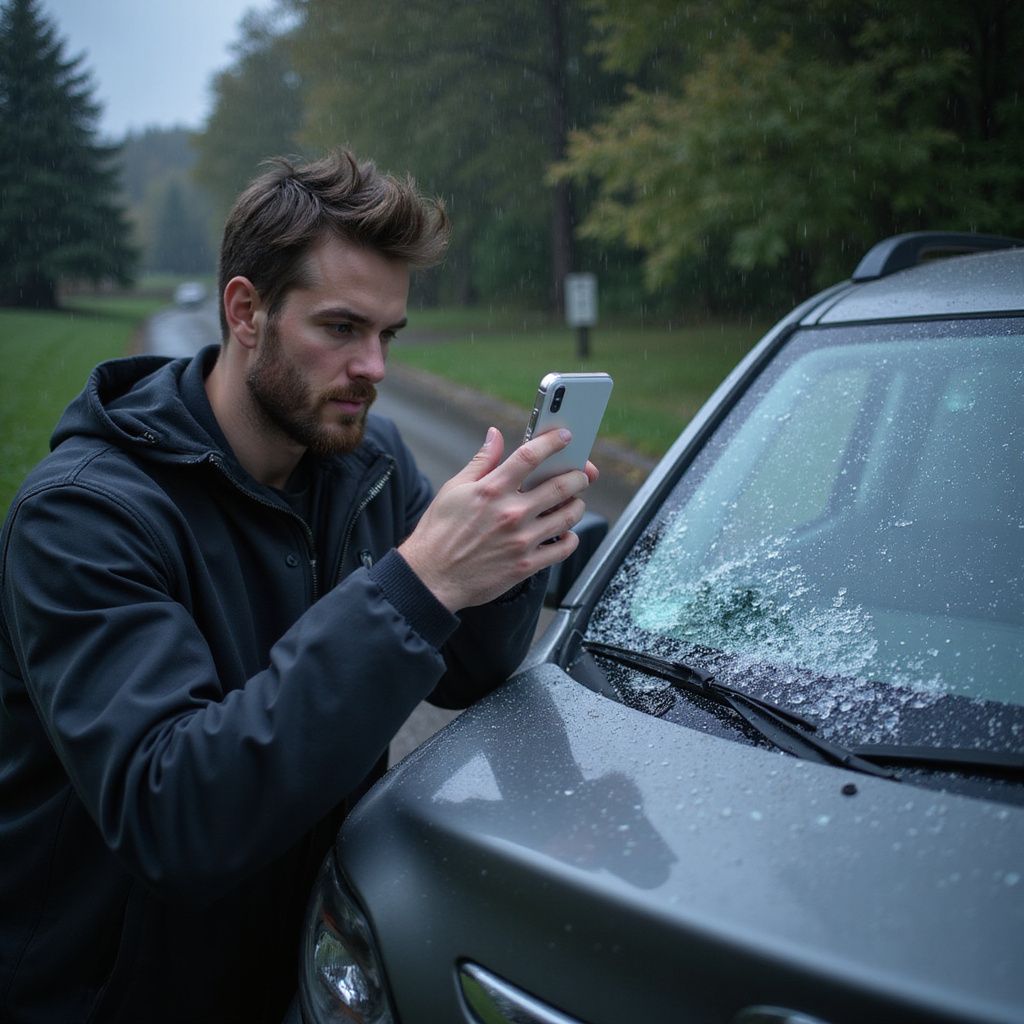 Man using phone, leaning against wet car in rain; outdoors in the fall.