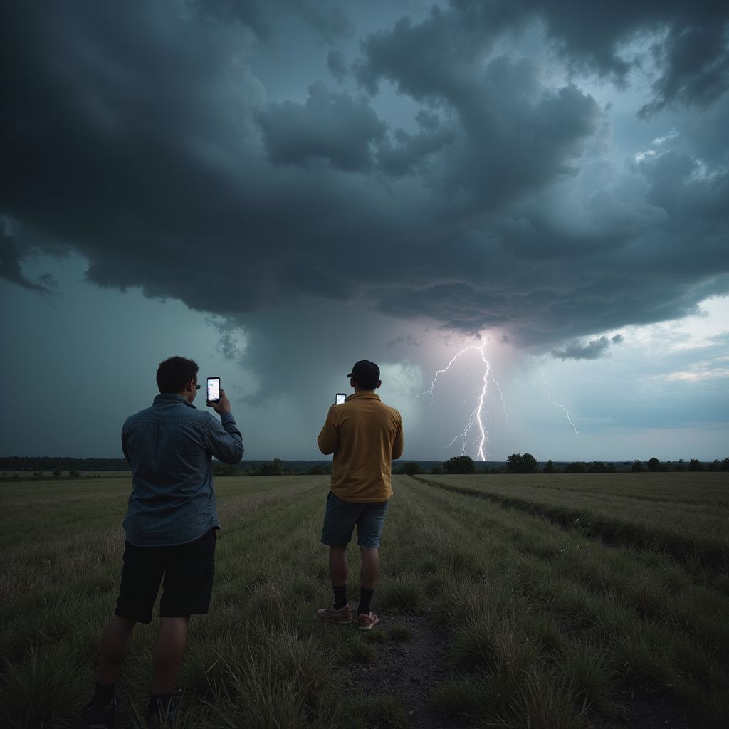 Two people standing in a field, taking photos of a lightning storm with their phones. Dark, cloudy sky.