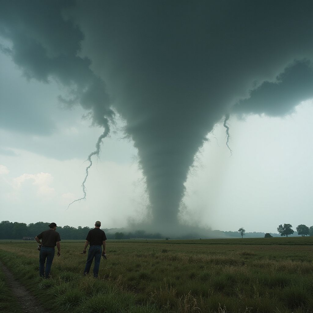 Two men watch a large tornado funnel in a field under a stormy sky.