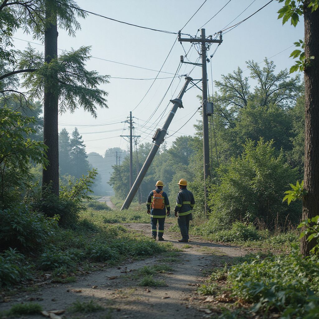 Two utility workers inspect a damaged power line in a wooded area.