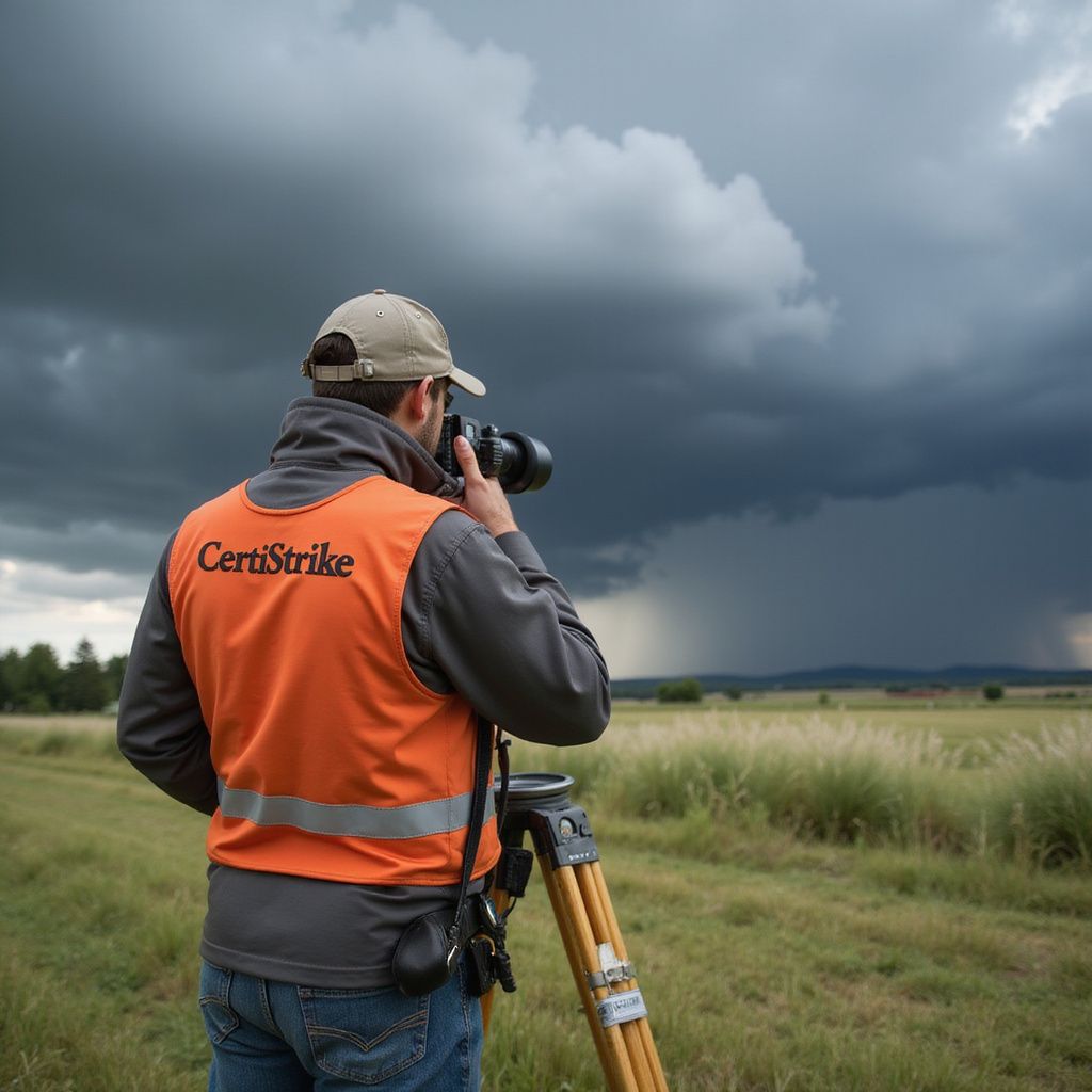 Man with camera on tripod in field, orange safety vest with
