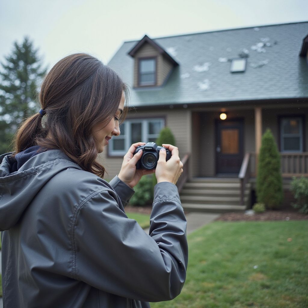 Woman in gray jacket taking a photo of a house with a camera on a cloudy day.