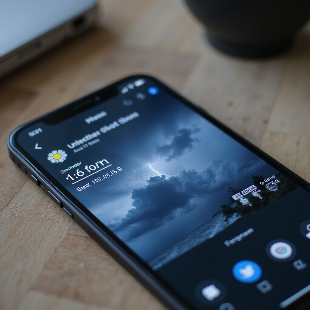 Smartphone displaying a stormy weather app with lightning over the ocean on a wooden table.