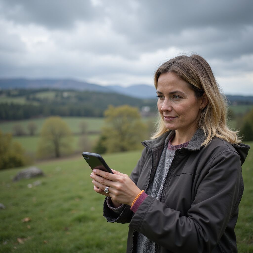 Woman in a field holding a phone, looking at it with a slight smile. Cloudy sky, mountains in background.