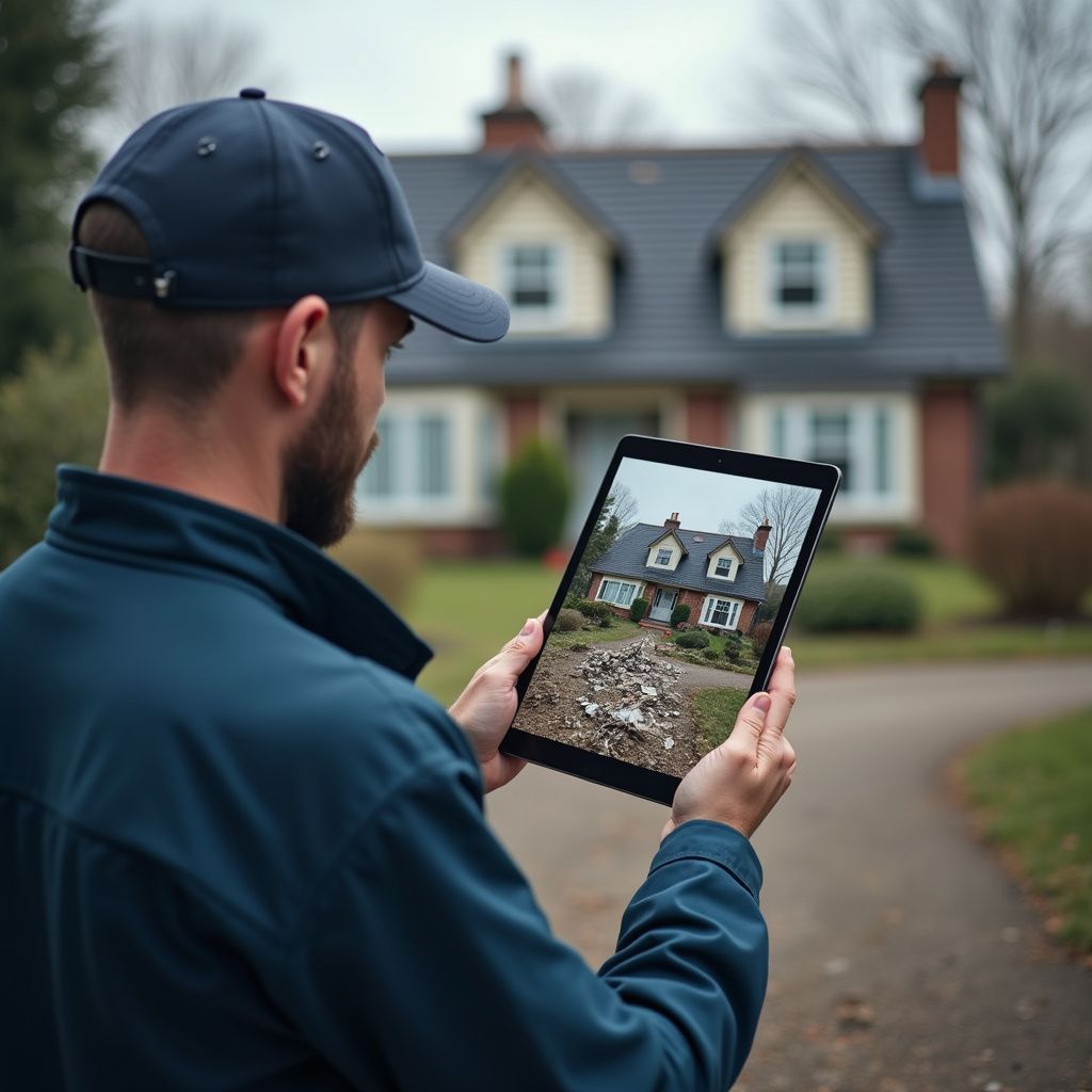 Man in blue cap holding tablet showing house, standing in front of the house on a pathway.