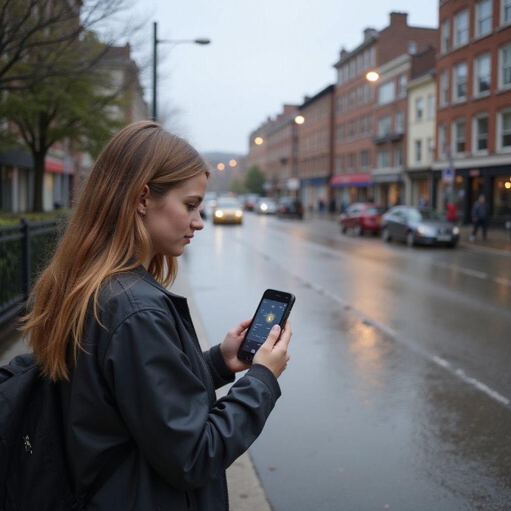 Woman on street looks at phone, rainy day, cars and buildings in background.