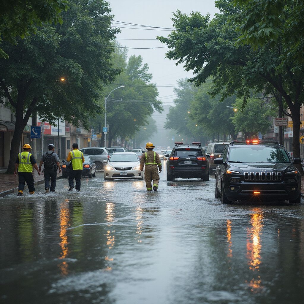 Flooded city street with emergency workers in vests and cars. Rain, water reflections, and trees.