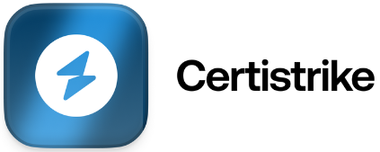 Certistrike logo: a blue square with rounded corners and a white lightning bolt icon. Text 