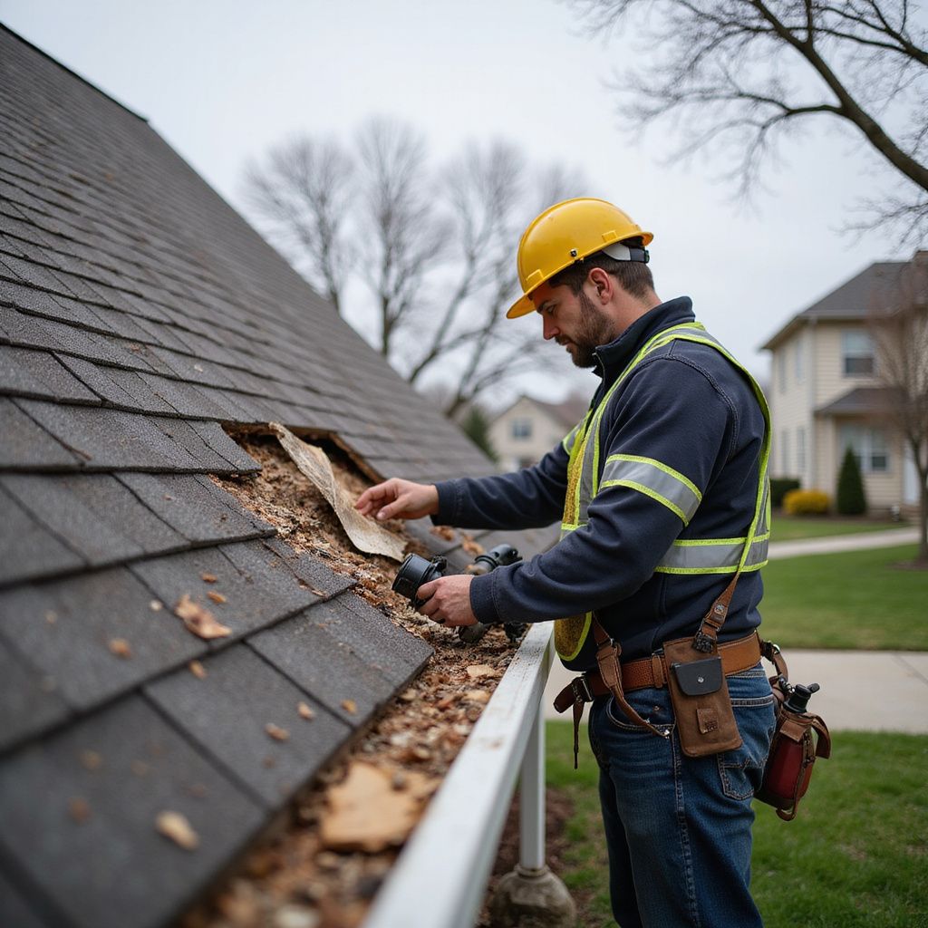 Construction worker in a yellow hard hat examines a damaged roof. He’s holding a flashlight and wearing a safety vest outdoors.