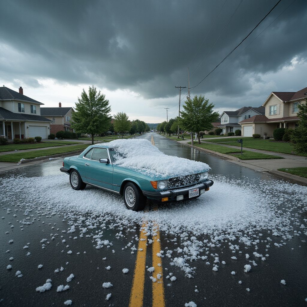 A turquoise car covered in hail on a residential street during a storm.