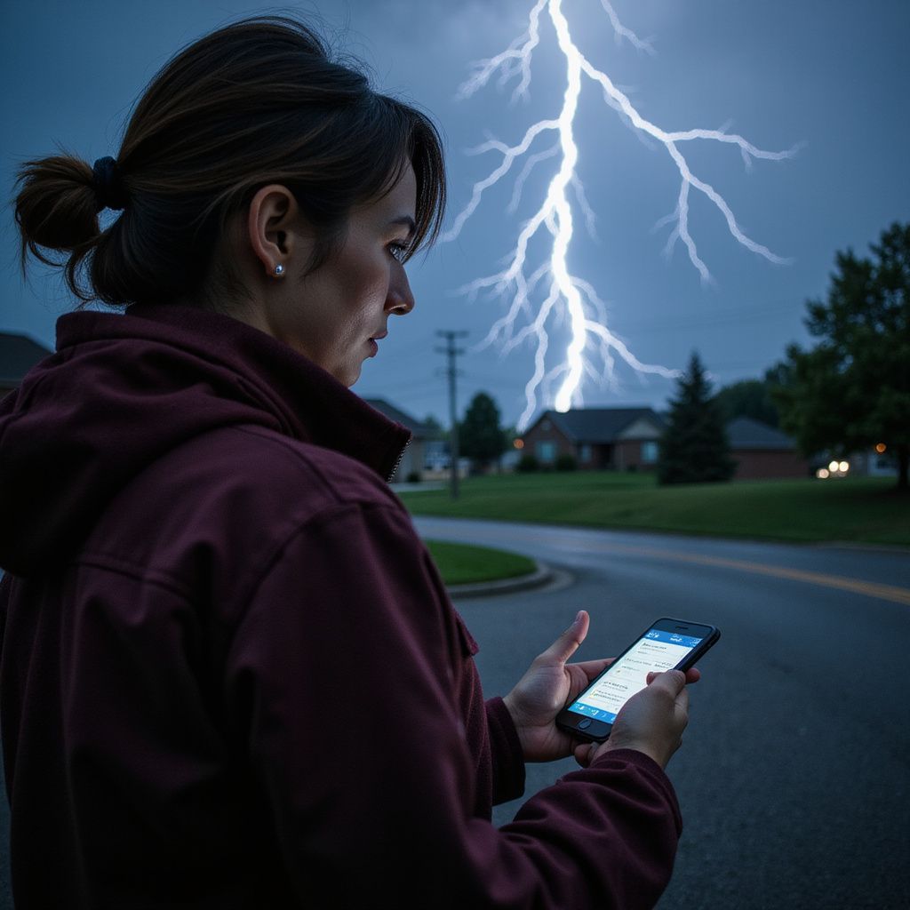 Woman in a maroon jacket looking at phone in a stormy outdoor setting, with lightning striking behind a house.