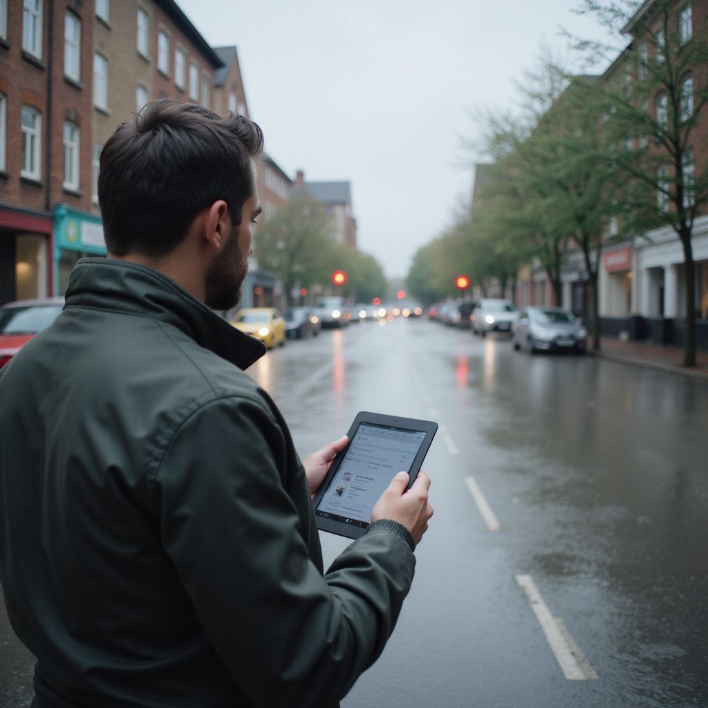 Man holding a tablet on a rainy street, looking toward traffic. Green jacket, brick buildings.