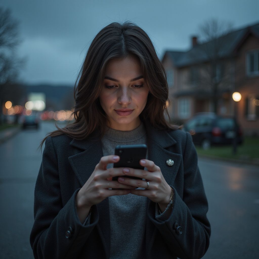 Woman in a dark coat looks at her phone on a street at dusk.