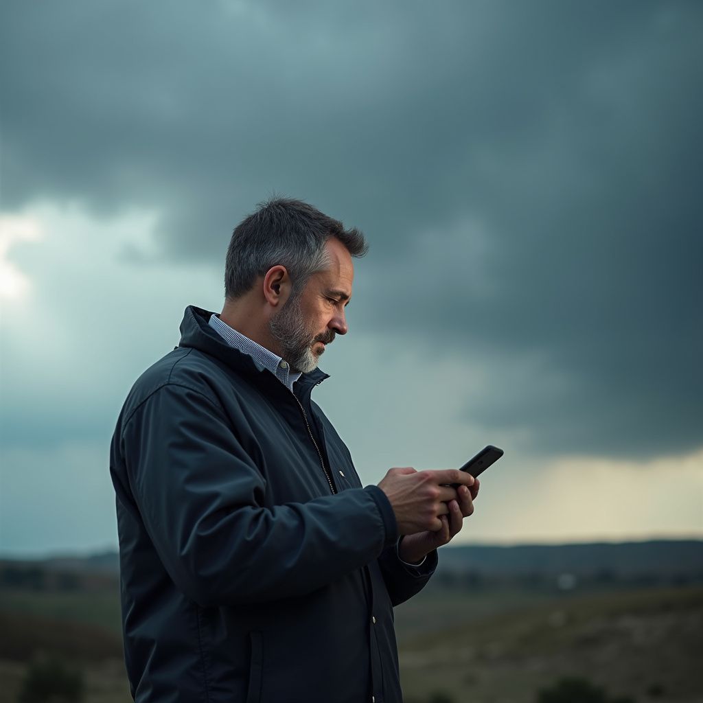 Man using a phone outdoors under a cloudy sky, wearing a dark jacket.
