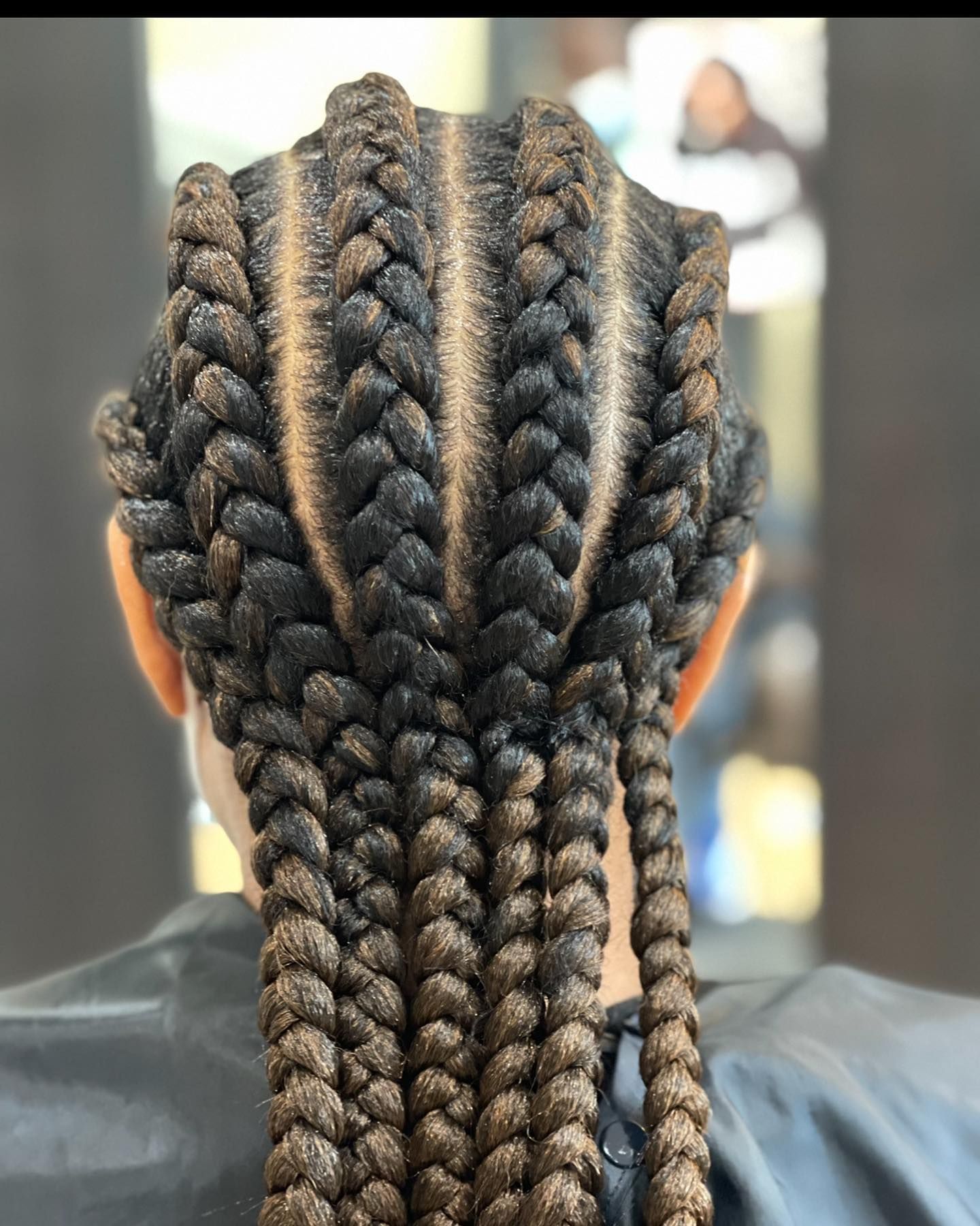 The back of a woman 's head with braids in her hair.