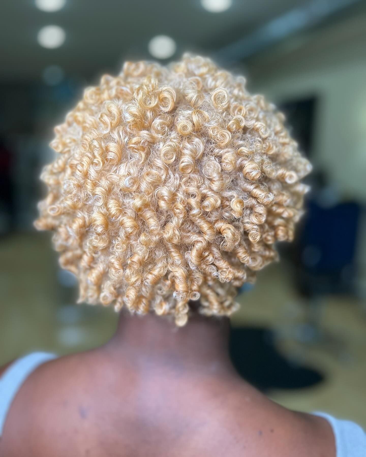 The back of a woman 's head with blonde curly hair.