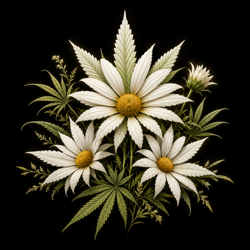 White flowers with yellow centers and green leaves arranged on a black background