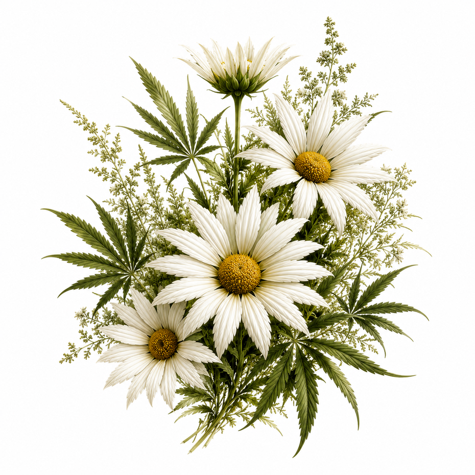 White daisies and green cannabis leaves arranged as a floral bouquet on a white background