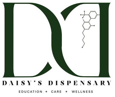 Daisy’s Dispensary logo in green with a cannabis leaf and the words “Education • Care • Wellness”