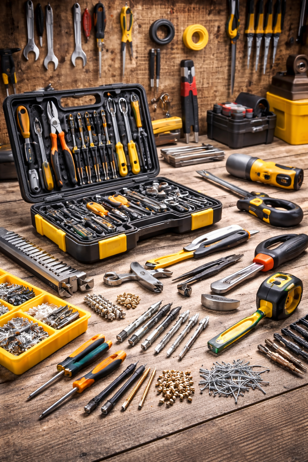 Scomparti arancioni per gli attrezzi pieni di viti e tasselli bianchi.