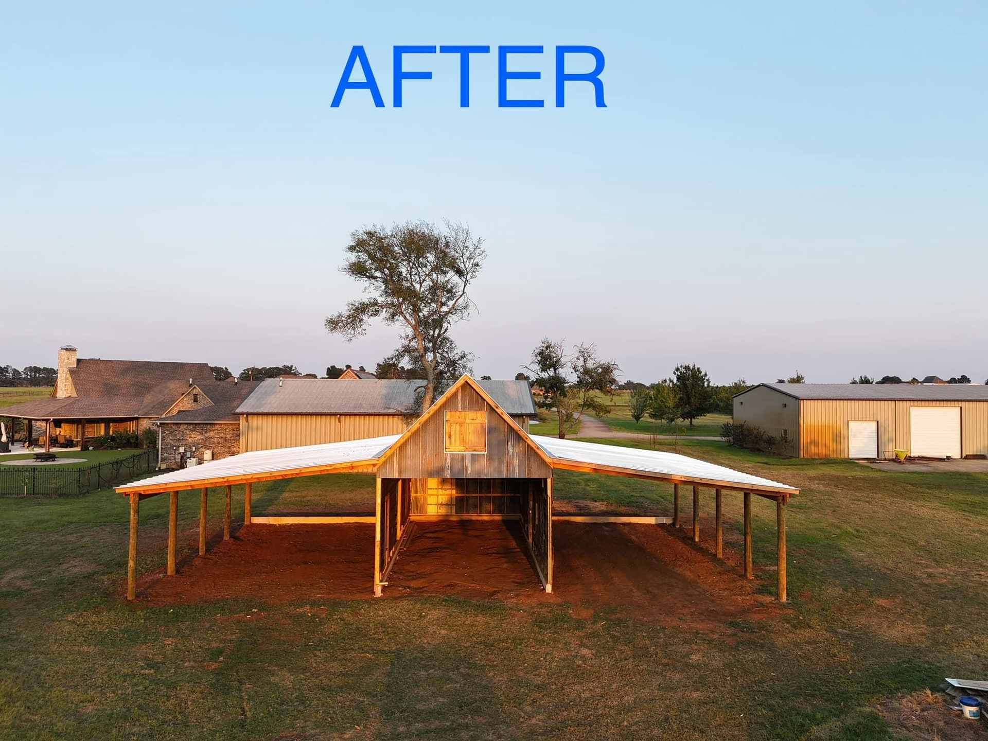 An aerial view of a barn with the words after above it