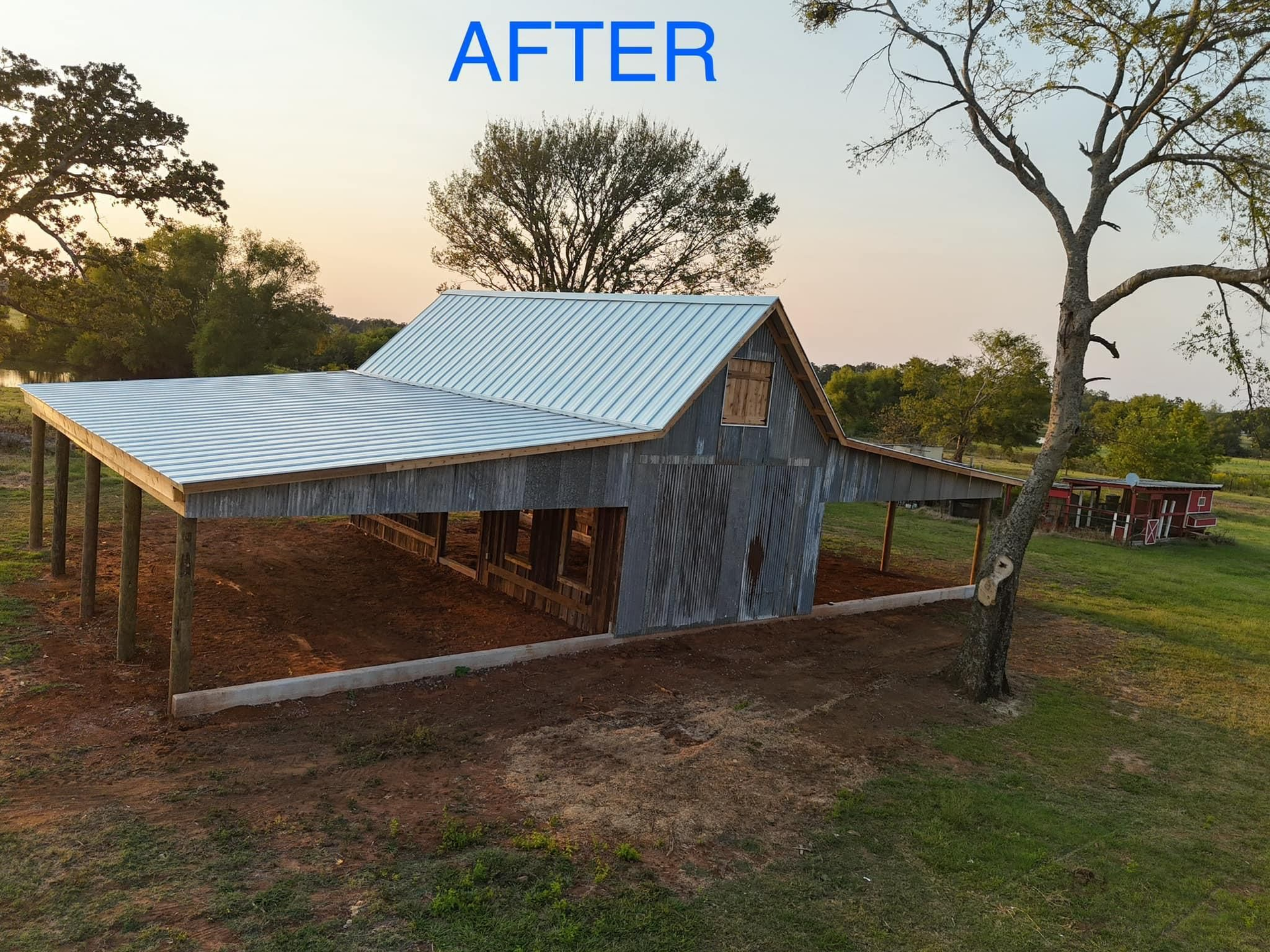 A picture of a barn with a metal roof and the words after on the bottom