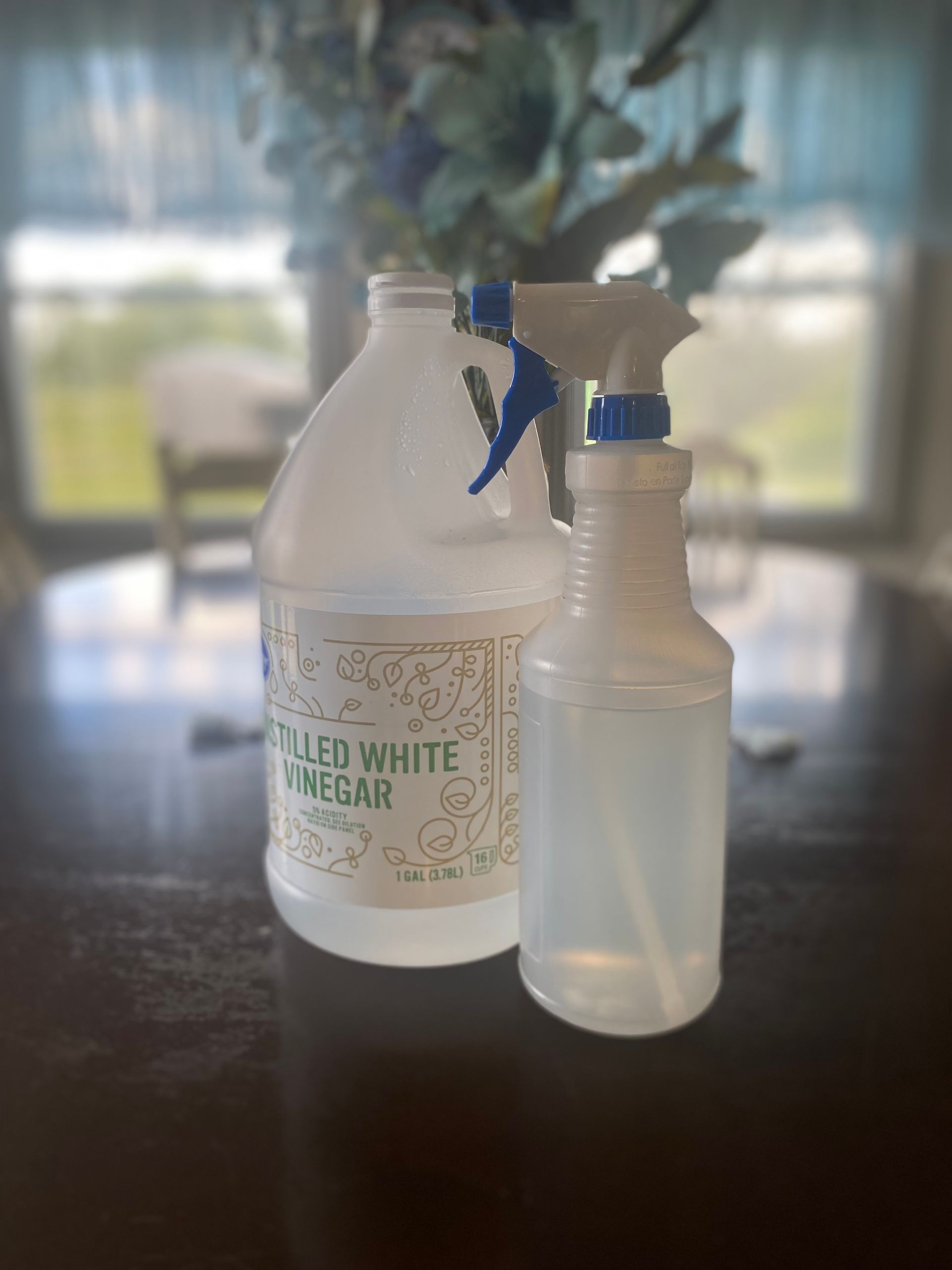Large gallon bottle of distilled white vinegar next to quart spray bottle with blue parts