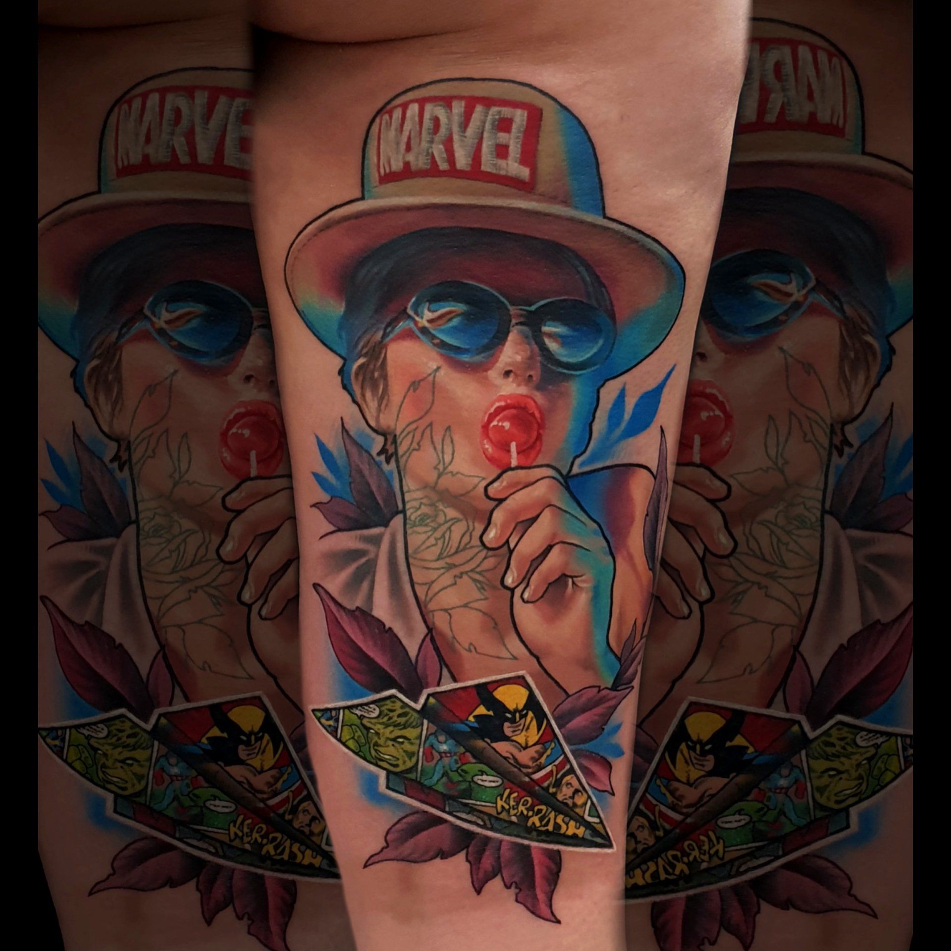 Marvel Mädchen, Comic Tattoo, Wolferine, schönes Mädchen mit Lolly, Tattoos, Neotraditional, Farbrealismus, Color realism, Oldschool tattoo, oldshool, Script, zum weissen hai, zum weißen hai, Hieronymus Röhrig, roehrig, Marlene Vogel, dope tattoo, heftige tattoo, Kunsttattoo, Tattoonadel, Tattoofarben, Love, Heat,