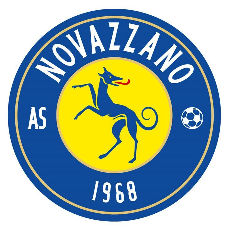 Logo della squadra di calcio Novazzano AS. Cerchio blu e giallo con un levriero e un pallone da calcio. Testo: Novazzano AS 1968.