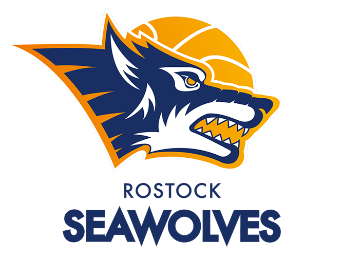 Logo der Rostock Seawolves: wütender Wolfskopf mit Basketball im Hintergrund, blaue und orange Farben.