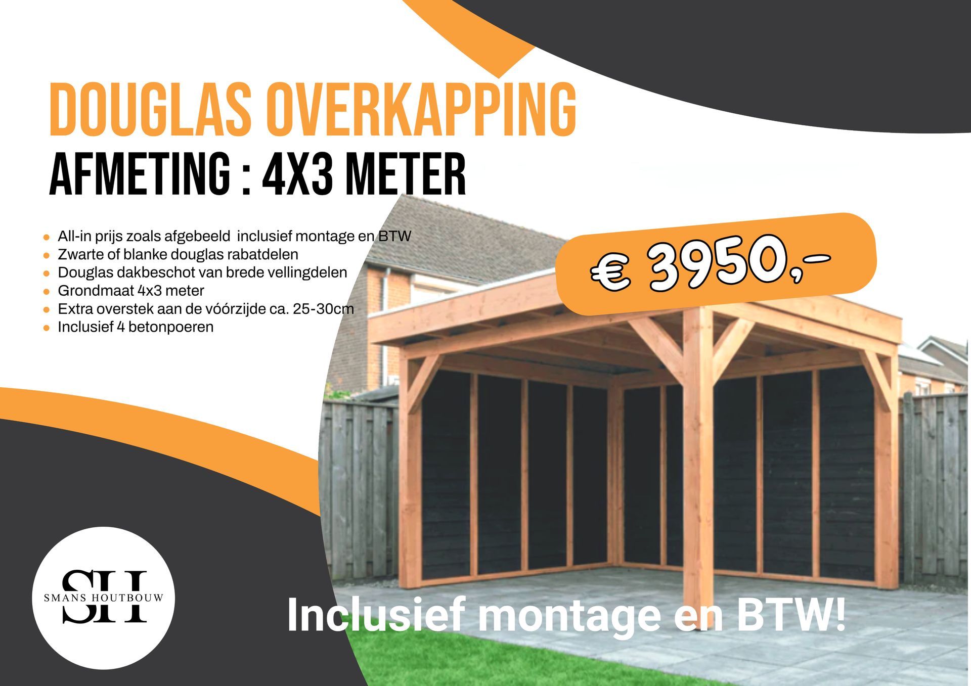 Houten carport van Douglas, 4x3 meter, voor €3950, inclusief montage en btw.