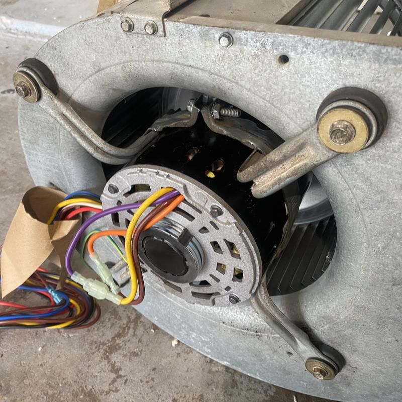 Furnace blower motor with colored wires, mounted on a gray metal housing.