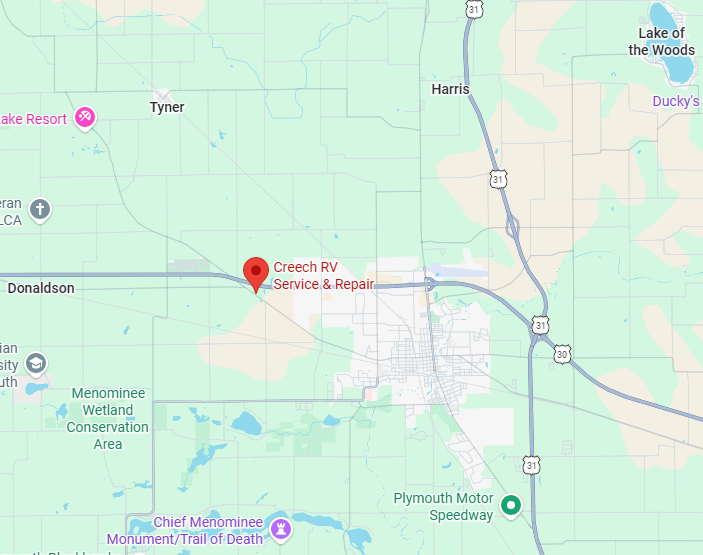 Map with a red location pin for Creech RV Service & Repair near Plymouth, Indiana in a green rural area, showing nearby roads and labels