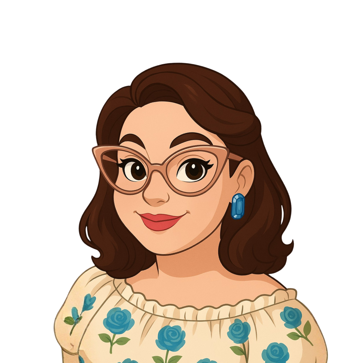 Donna con occhiali, capelli castani e orecchini blu, indossa un top floreale e sorride.