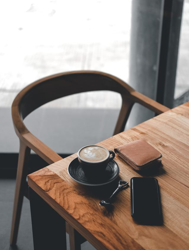 Walnut Chair and table with coffee cup