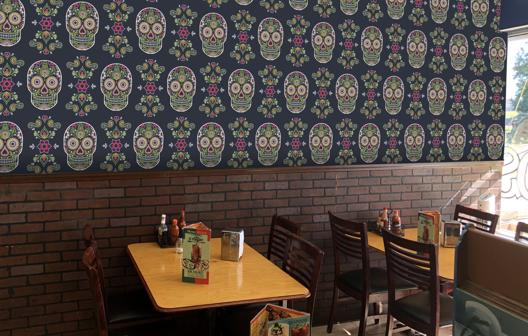 Mexican restaurant wall with custom vinyl wall paper  installed