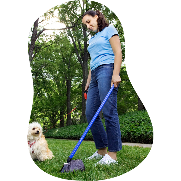 A woman is sweeping the grass next to a small dog
