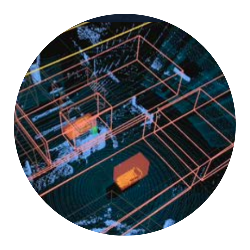 Bowler Pons ShadowGuard 3-D rendering with wireframe boxes. A vehicle is highlighted in orange.