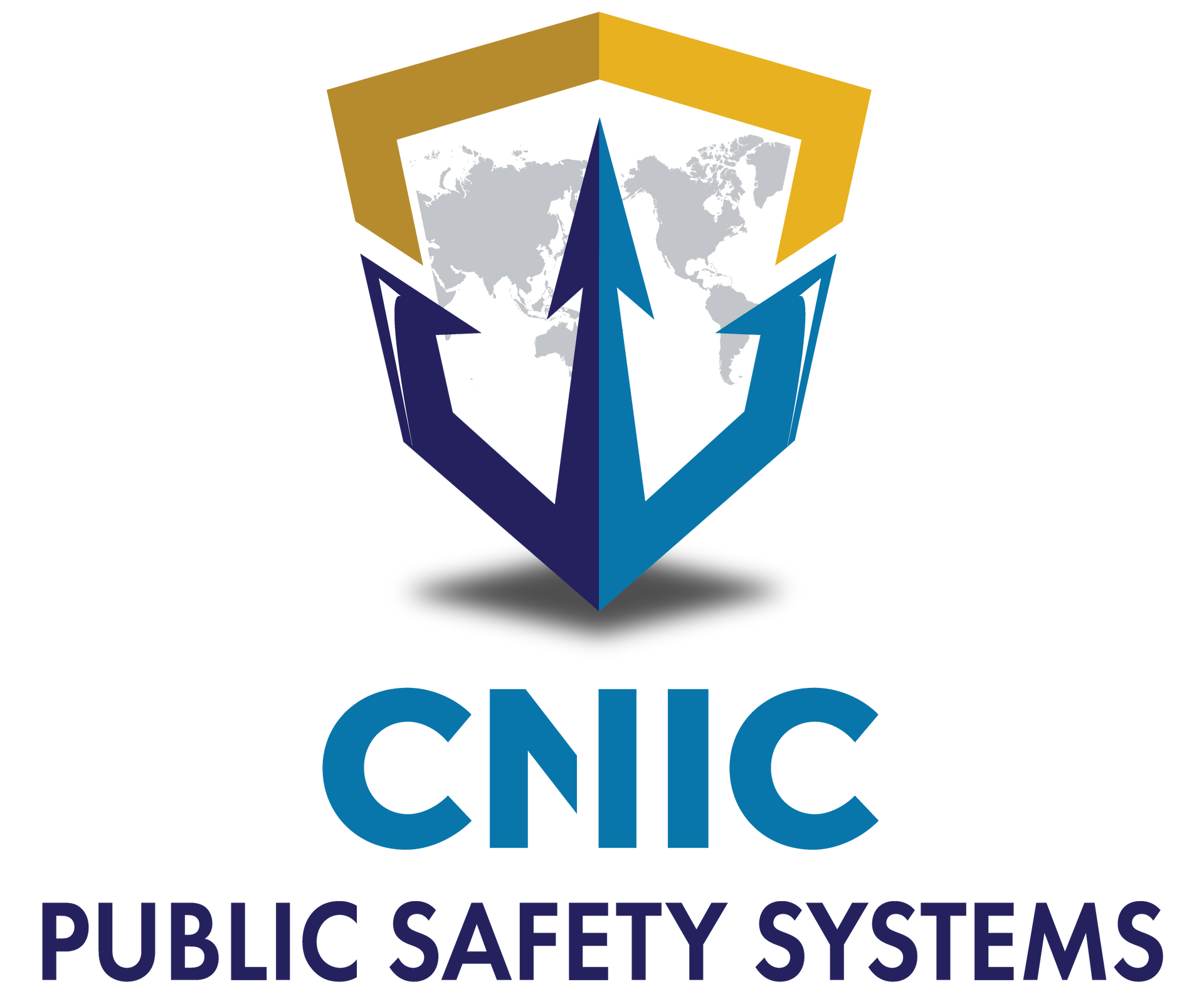 Logo for CNIC Public Safety Systems: a blue and gold shield with a trident, and a world map in the background.
