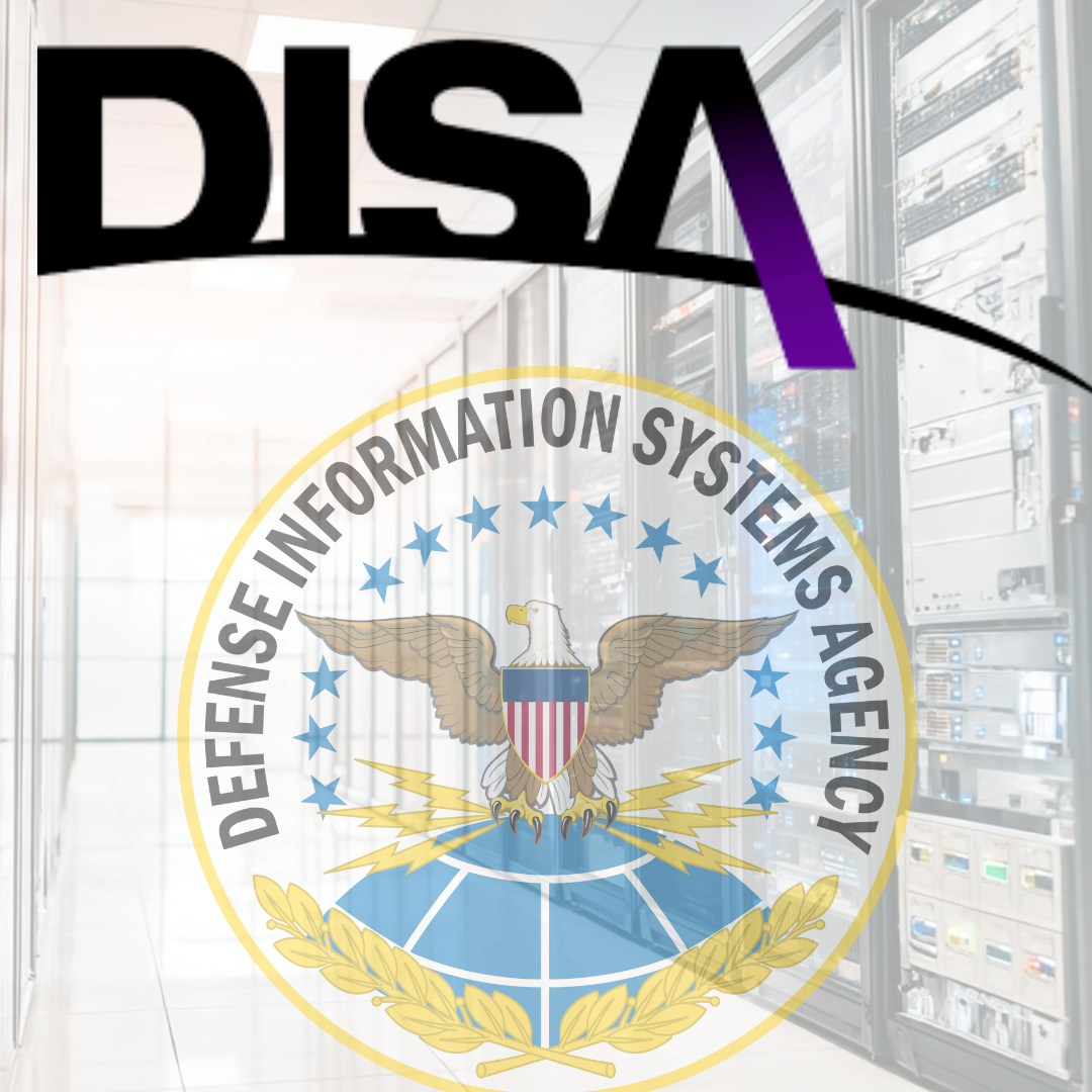 DISA logo overlaying a data center image. The logo has text and an eagle seal.