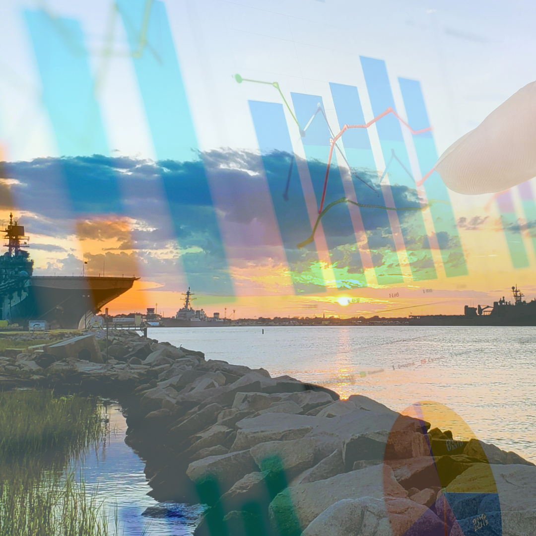 Sunset over water with overlaid bar graphs and a hand.