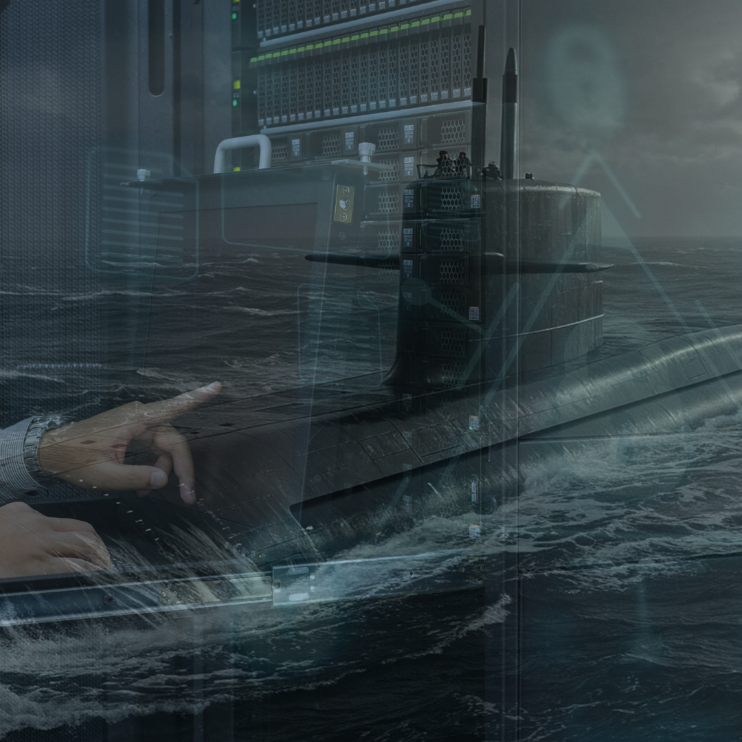 Hand points towards submarine on ocean, overlaid with data graphs and a server rack.