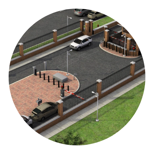 Bowler Pons ShadowGuard rendering with Cars at gated entrance with brick columns, black gates, and security barriers.