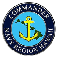 Commander Navy Region Hawaii seal featuring a gold anchor over a map of the Hawaiian Islands.