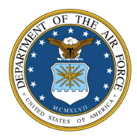 Department of the Air Force seal: an eagle over a shield with a starburst design, surrounded by a ring of stars and text.