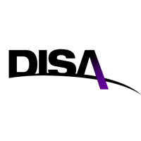 DISA logo, black letters, A in purple, curved line below.